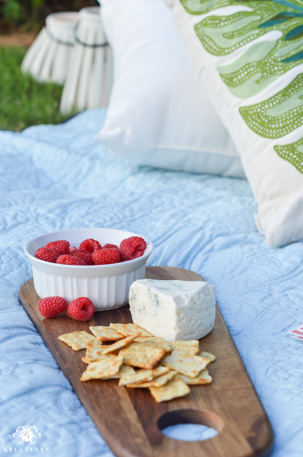 Picnic and Tailgate Ideas and Setup- cheese board with fruit on picnic