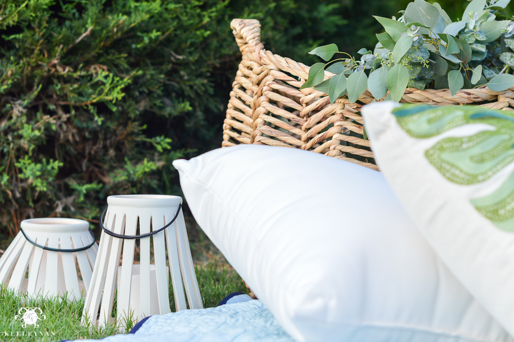 Picnic and Tailgate Ideas and Setup- lanterns and pillows for comfort