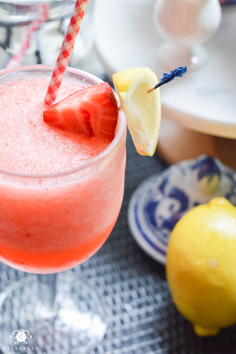 Fourth of July Decor and Strawberry Lemon-Limeade Rum Slush Drink Recipe- easy adult frozen drink