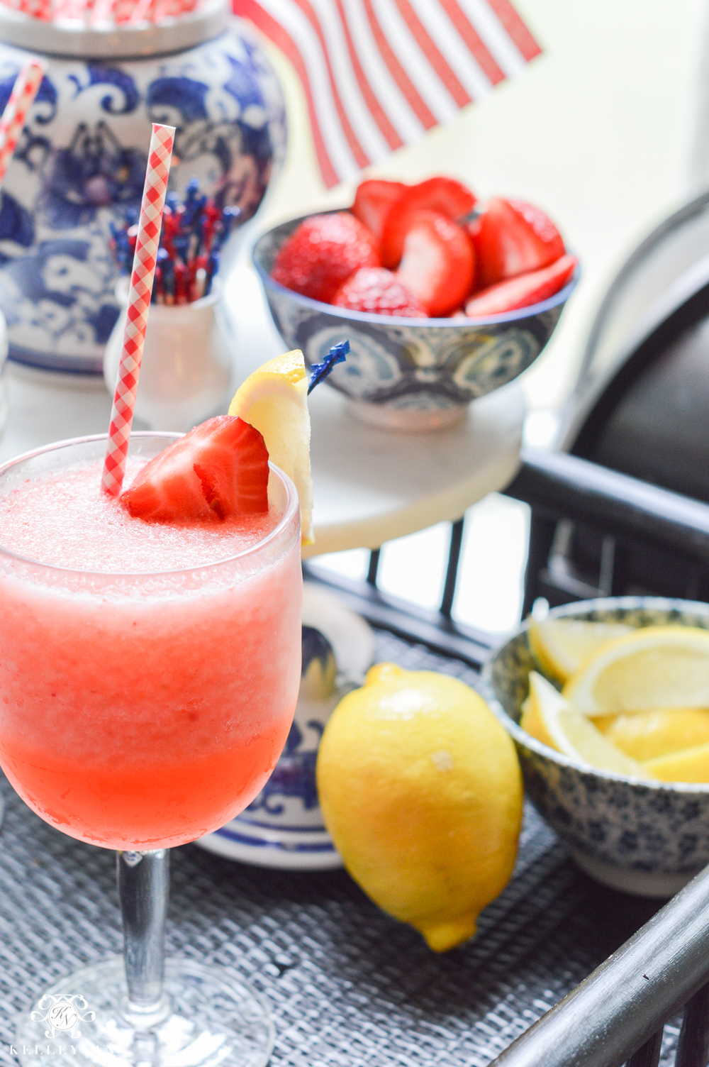 Fourth of July Decor and Strawberry Lemon-Limeade Rum Slush Drink Recipe- easy frozen drink recipe with Vitamix
