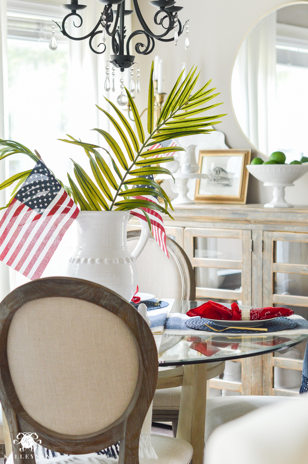 Fourth of July Decor - palm leaf table centerpiece with american flags