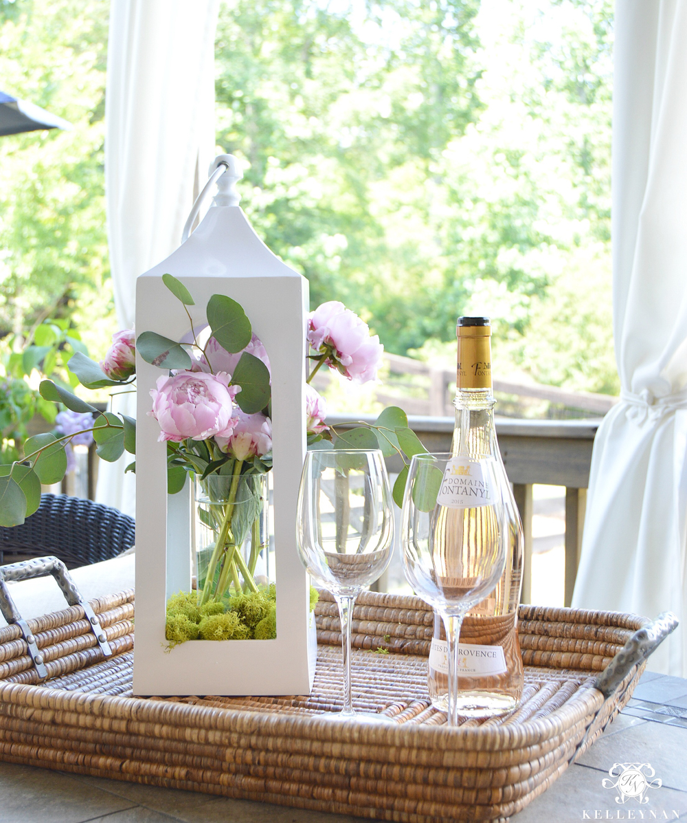 Peonies Floral Arrangement in White Pottery Barn Lantern