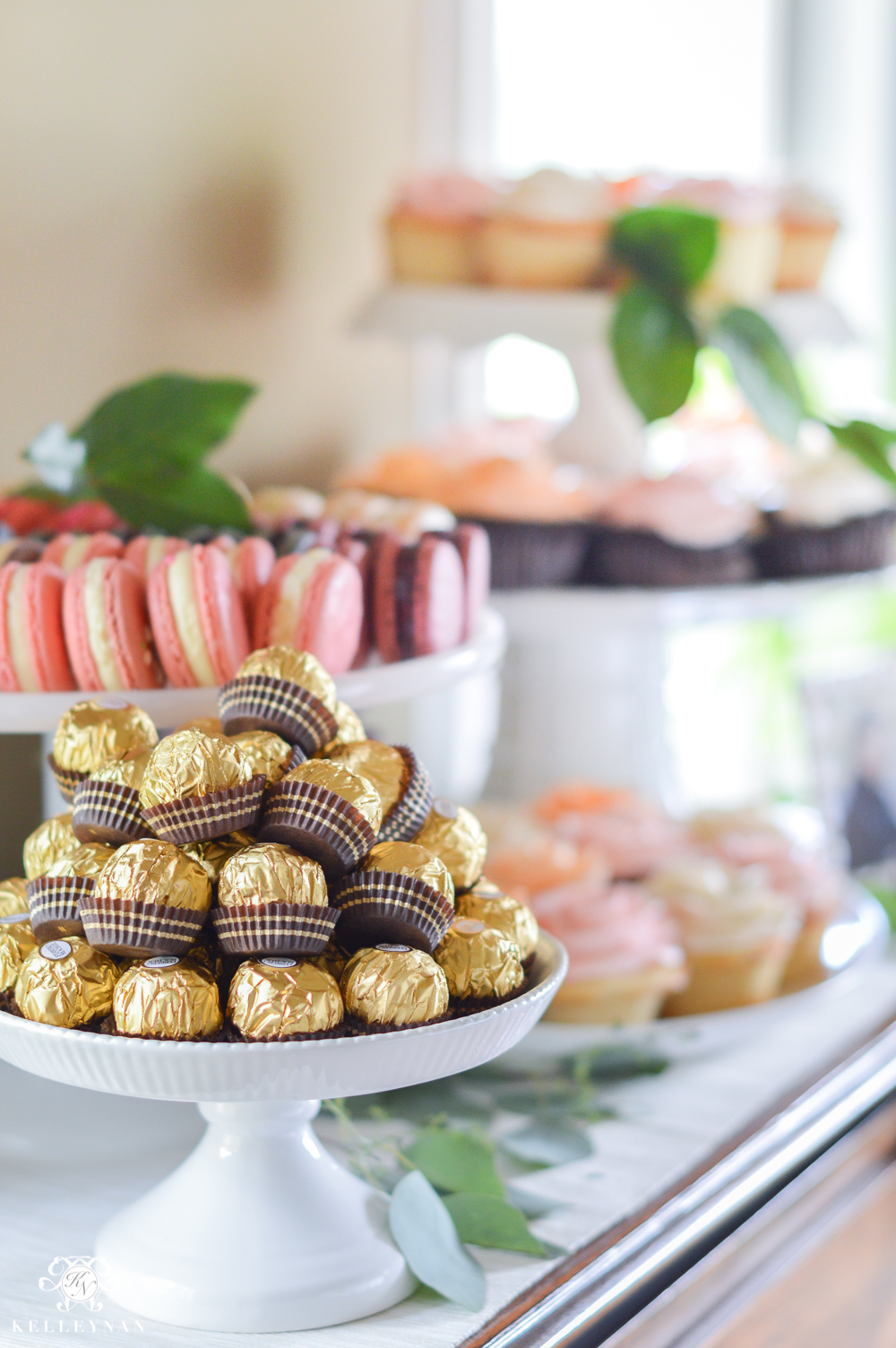 Southern Garden Party Bridal Shower Ideas- Dessert Table- Macarons, cupcakes, ferrier rocher