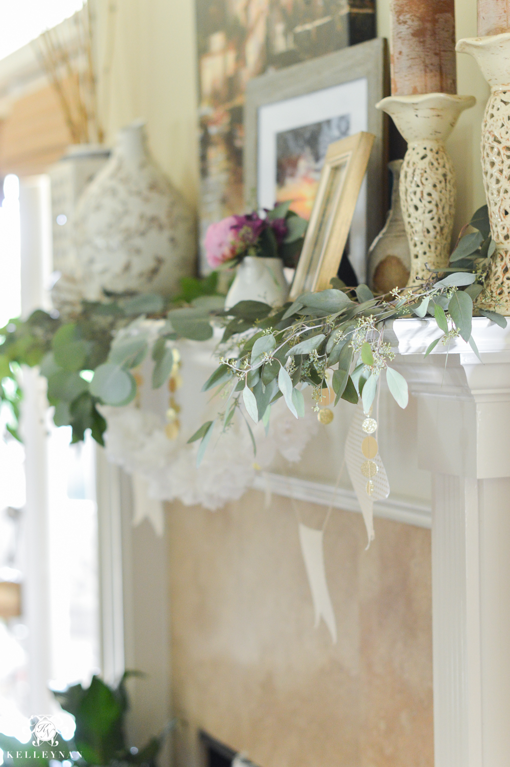 Southern Garden Party Bridal Shower Ideas-fireplace garland with eucalyptus