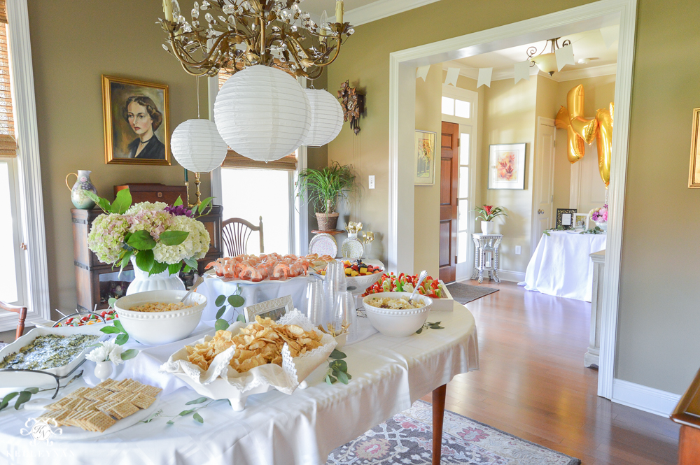 Southern Garden Party Bridal Shower Ideas- food table display in dining room