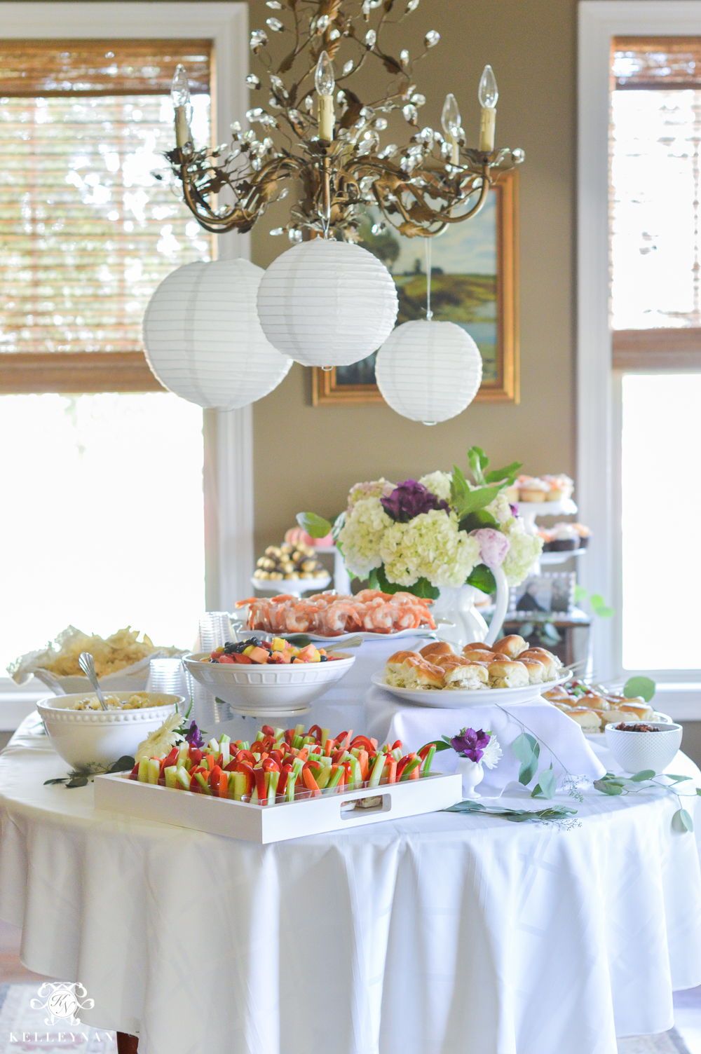 Southern Garden Party Bridal Shower Ideas- food table with garden lanterns