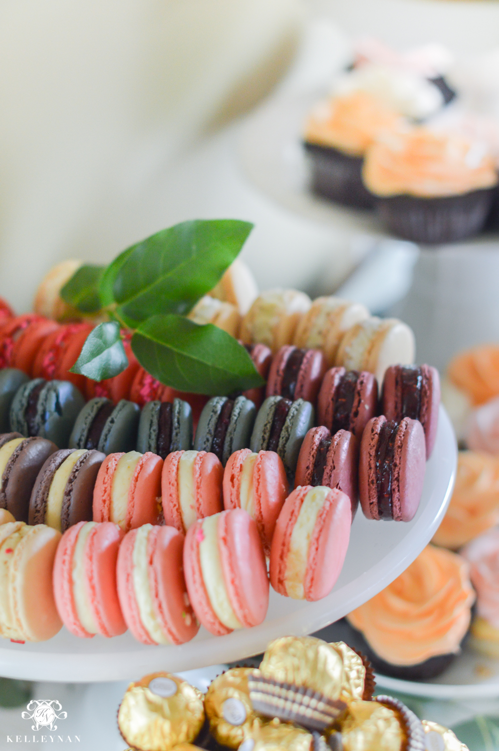 Southern Garden Party Bridal Shower Ideas- macaron display with leaves