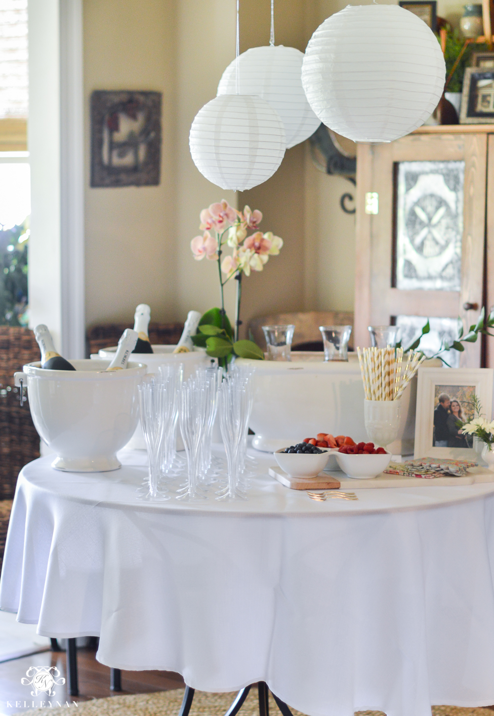 Southern Garden Party Bridal Shower Ideas- mimosa bar with garden lanters