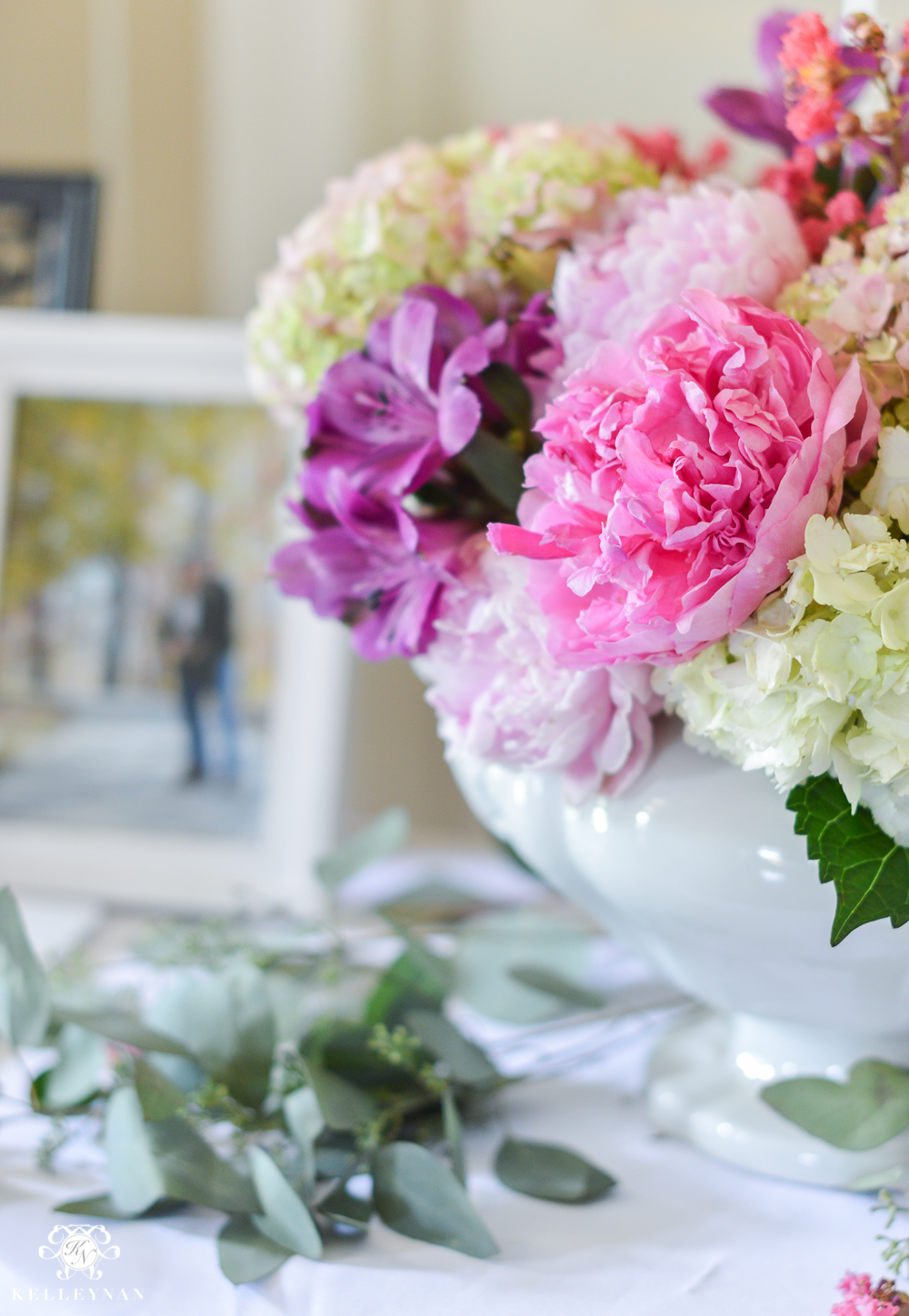 Southern Garden Party Bridal Shower Ideas- peony and hydrangea floral arrangement