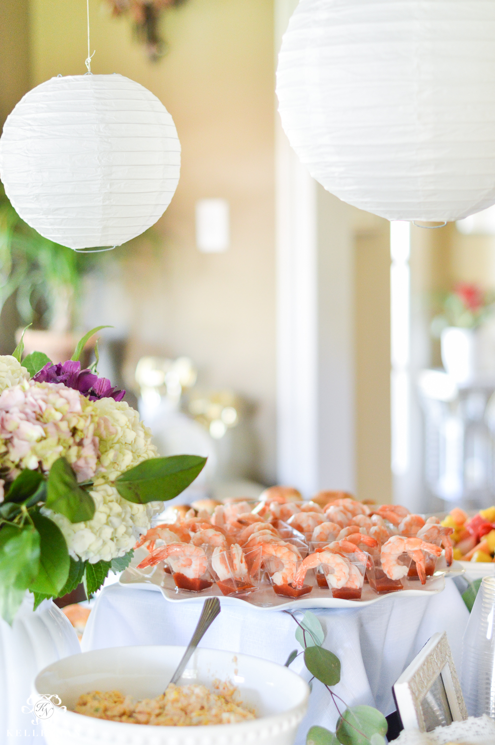 Southern Garden Party Bridal Shower Ideas- shrimp cocktail cups on platter