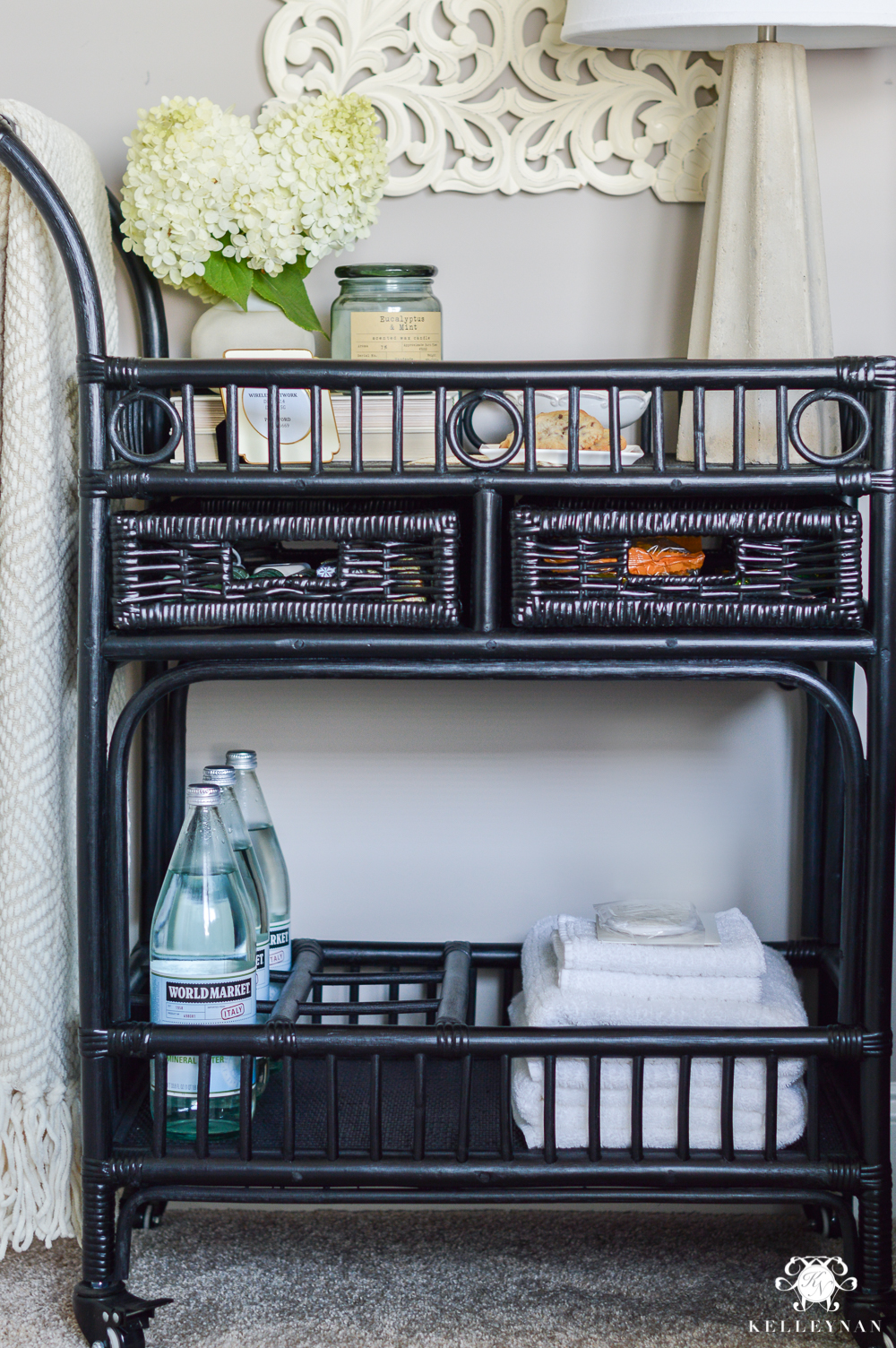 Black Rattan Bar Cart Night Stand with Guest Essentials- bar cart bedroom storage