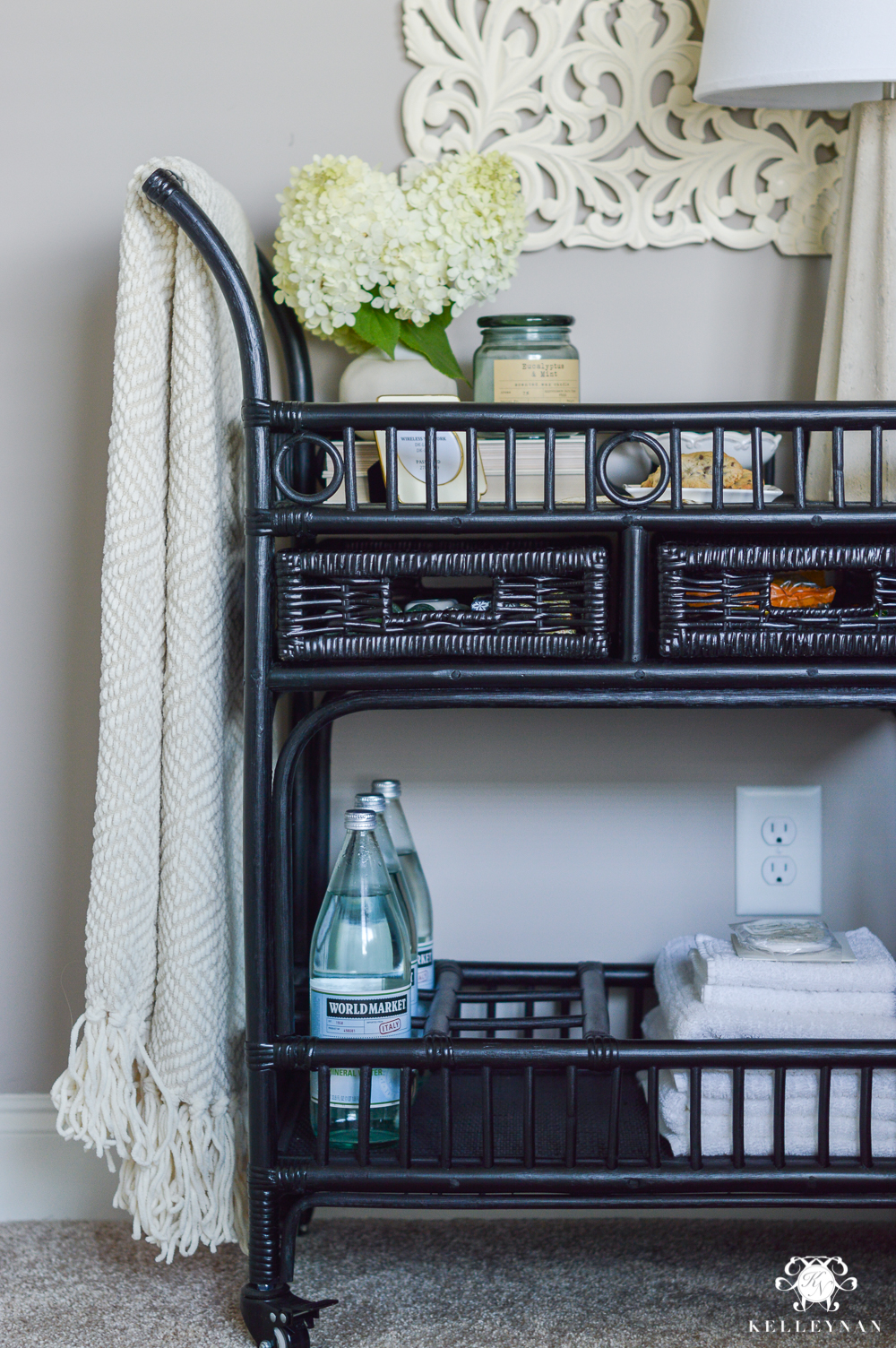 Black Rattan Bar Cart Night Stand with Guest Essentials- ideas for bar cart uses