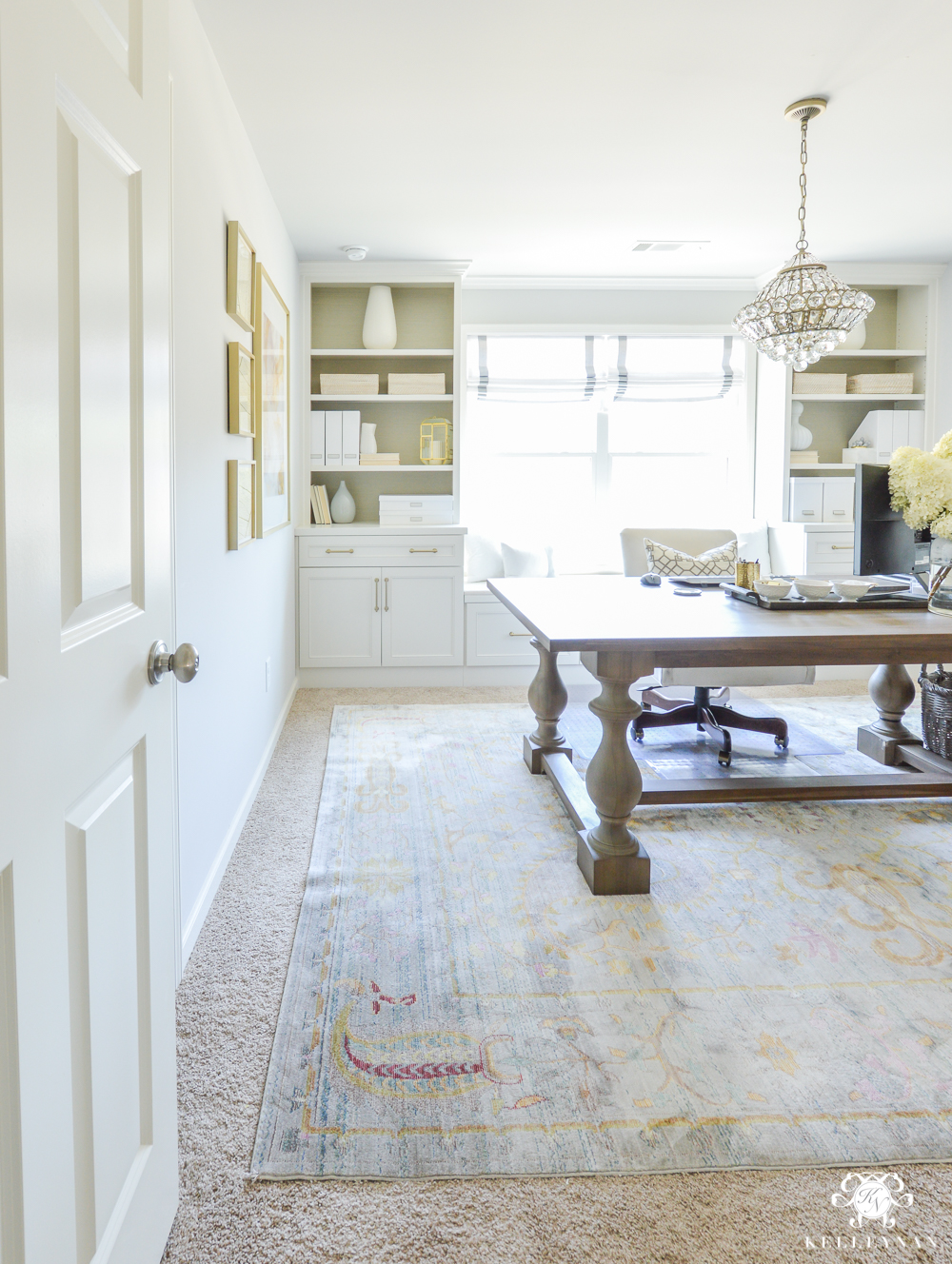 How to Hide Computer Cords with a Desk in the Center of the Room-Home Office with Chandelier