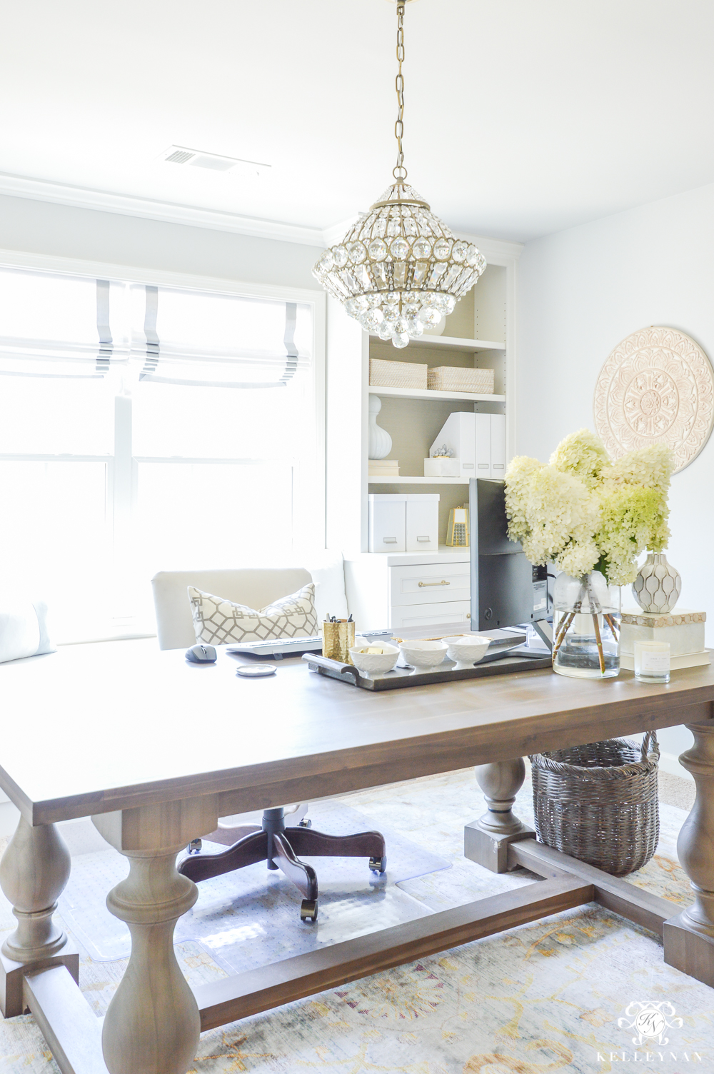 How to Hide Computer Cords with a Desk in the Center of the Room- Restoration Hardware table as desk