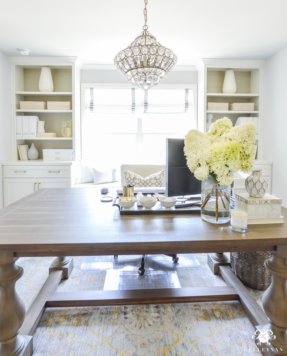 How to Hide Computer Cords with a Desk in the Center of the Room-chandelier over desk