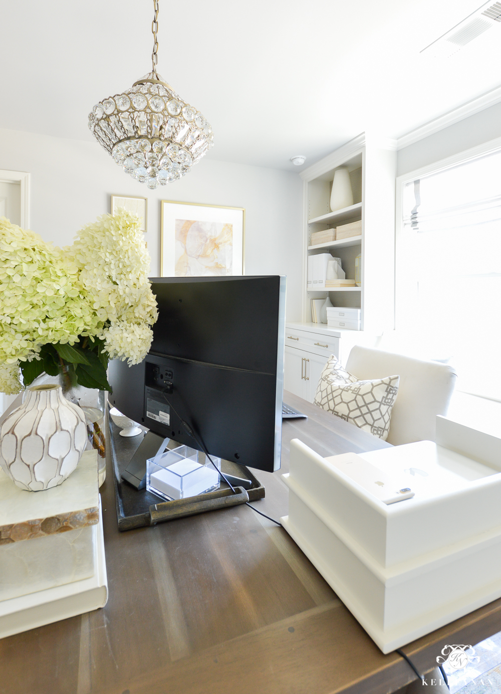 How to Hide Computer Cords with a Desk in the Center of the Room-computer on corner of desk