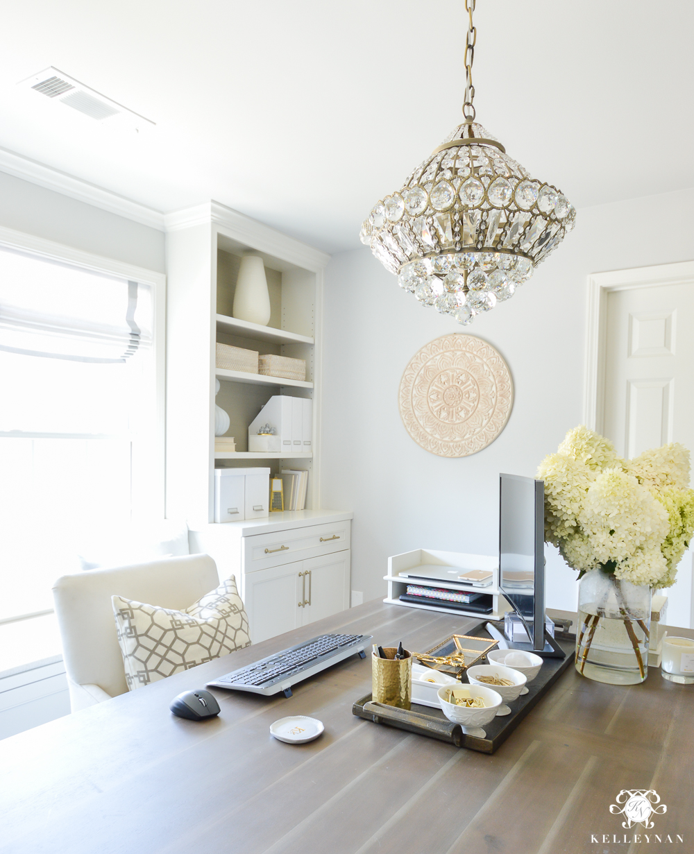 How to Hide Computer Cords with a Desk in the Center of the Room-crystsal chandelier in office