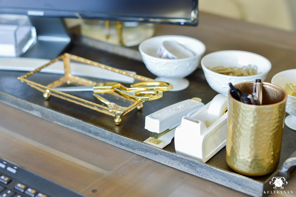 How to Hide Computer Cords with a Desk in the Center of the Room- gold desk accessories in tray