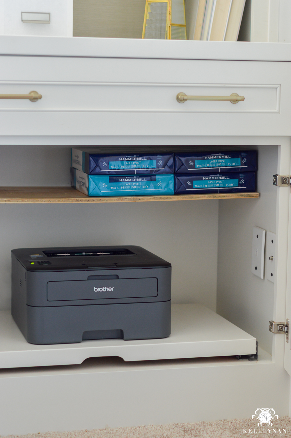 How to Hide Computer Cords with a Desk in the Center of the Room- pull out printer drawer in built-ins