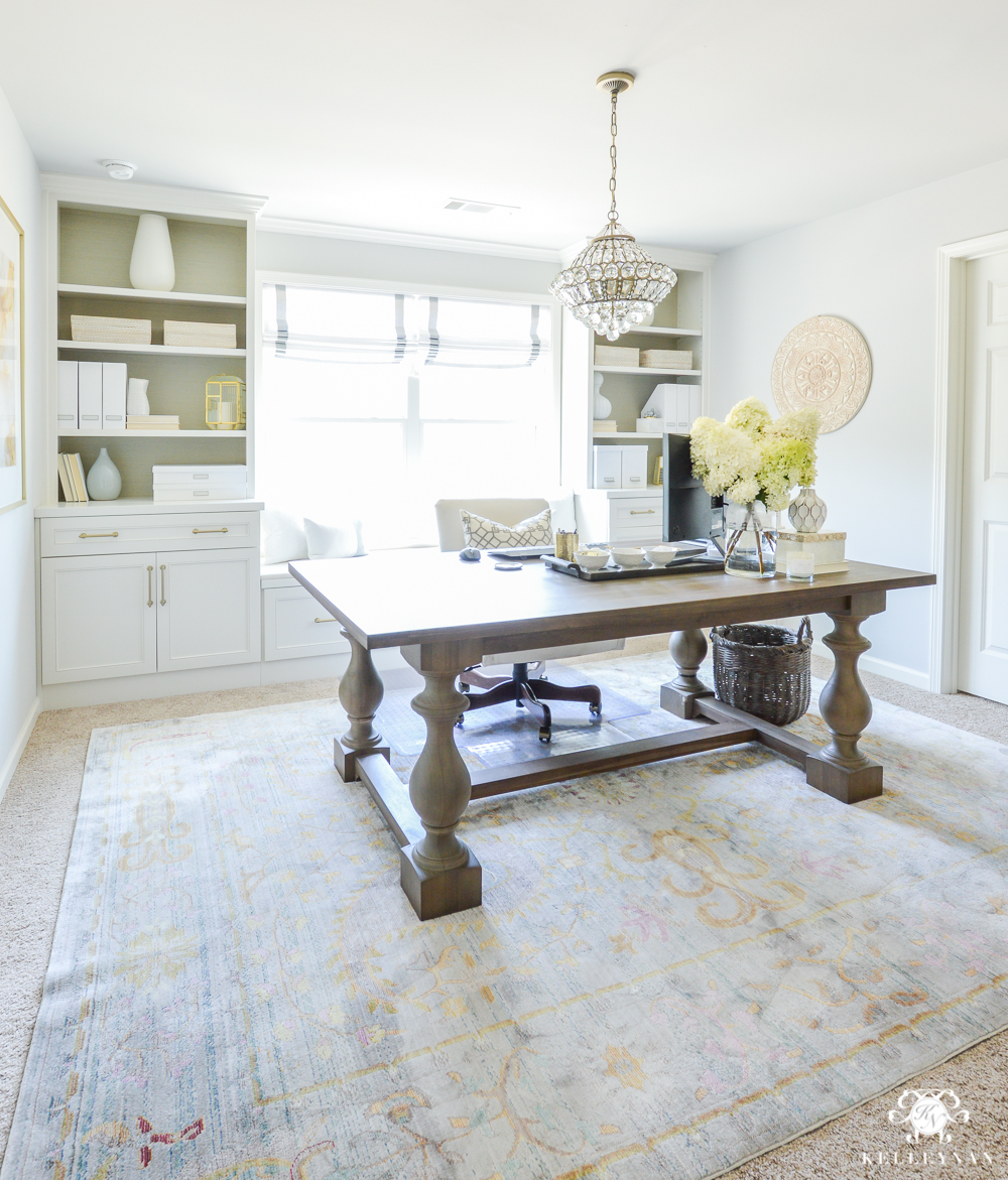 How to Hide Computer Cords with a Desk in the Center of the Room- serene home office with built-ins