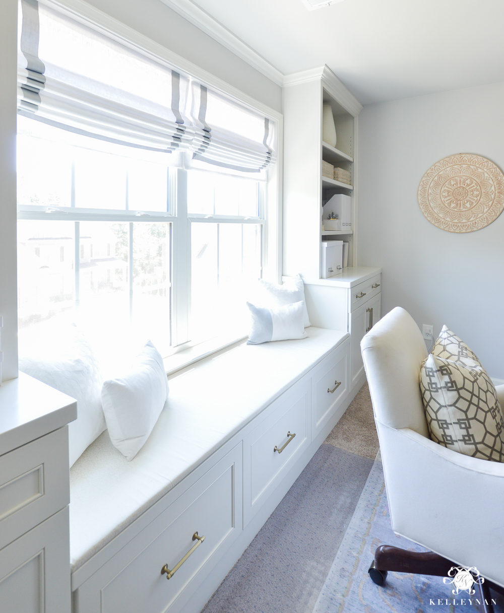 How to Hide Computer Cords with a Desk in the Center of the Room- window seat with filing cabinets