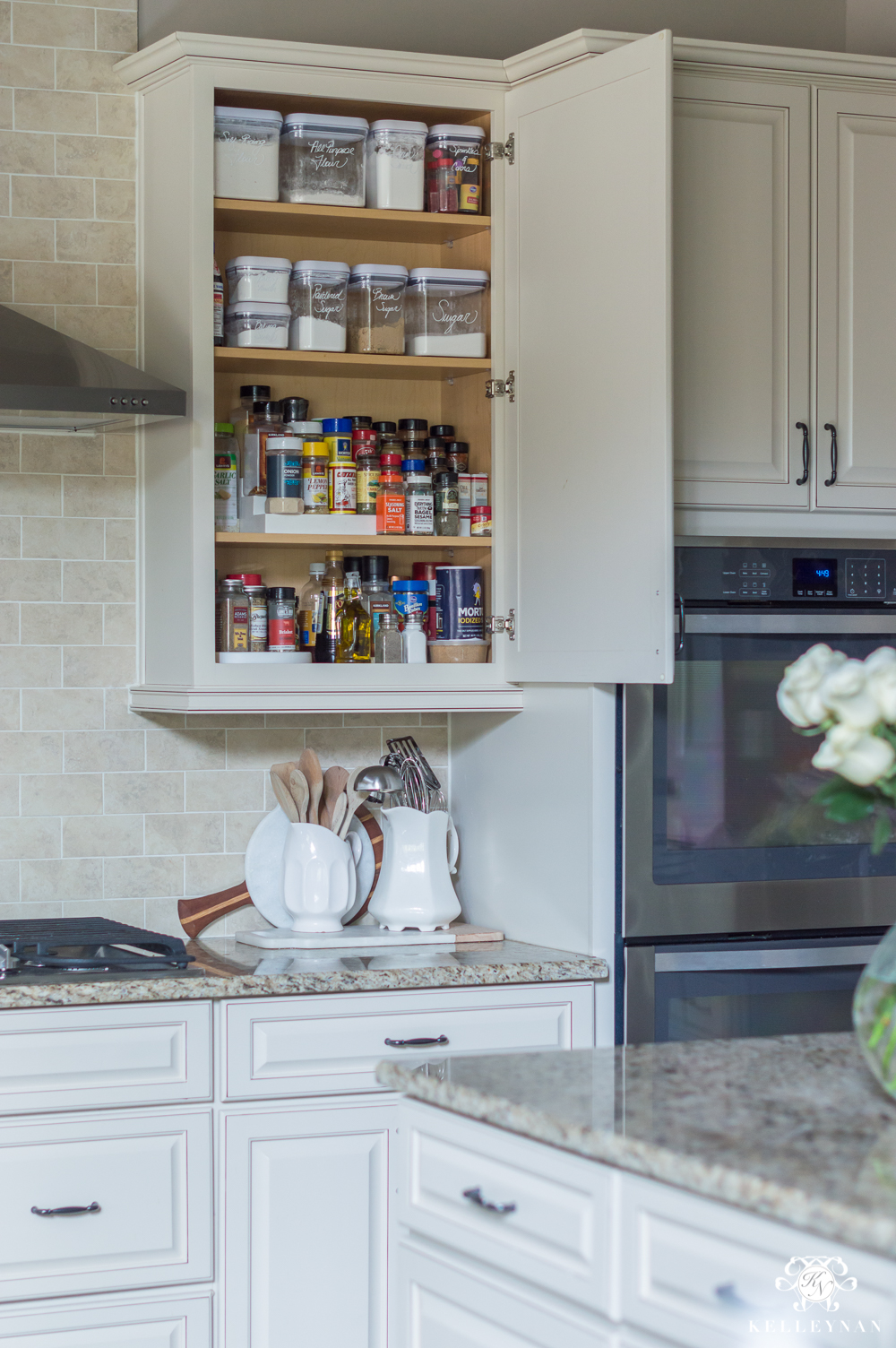 Organized Spice and Baking Cabinet- Kitchen Organization- organizing spices in original containers