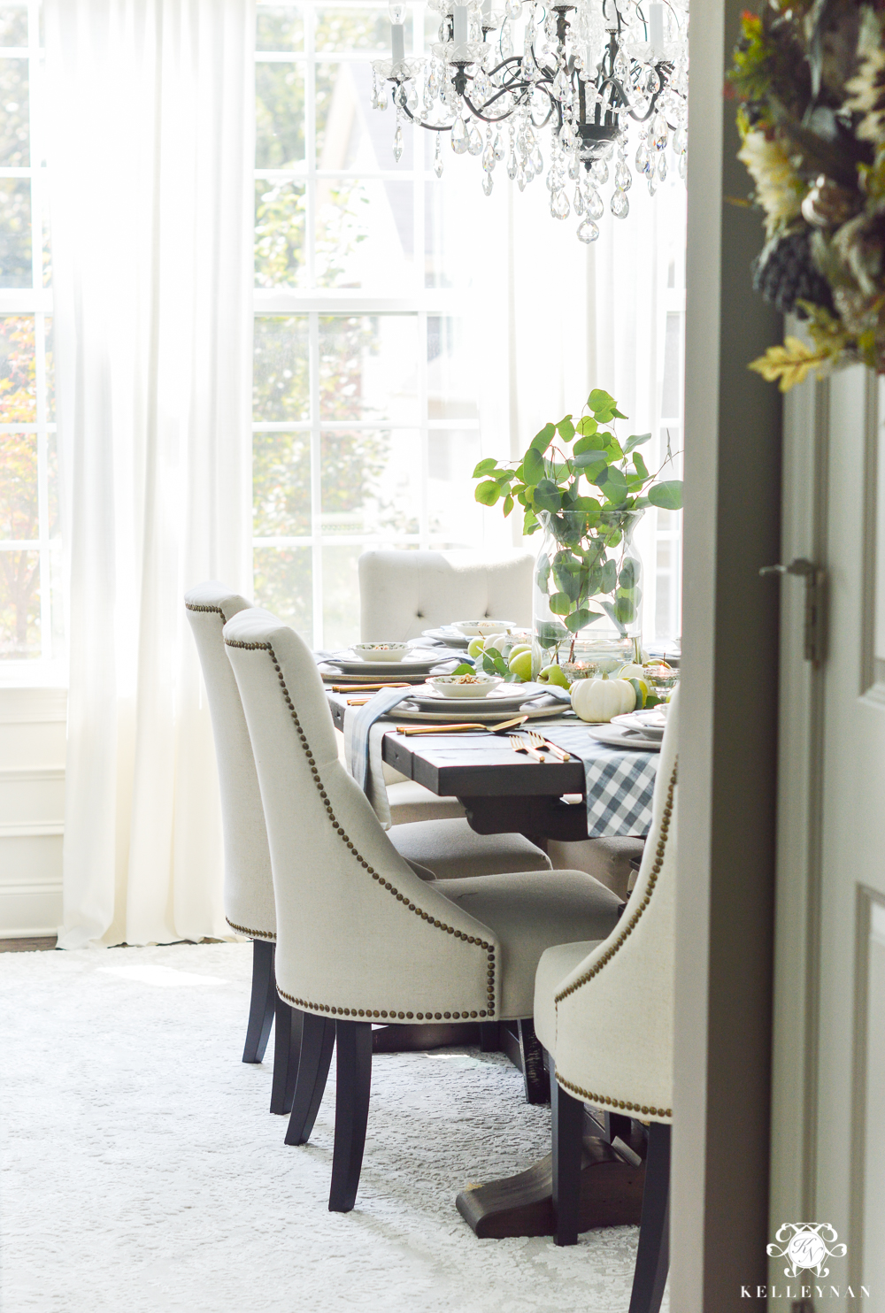 2017 Fall Home Tour with Yellow and Orange Leaves- dining room crystal chandelier