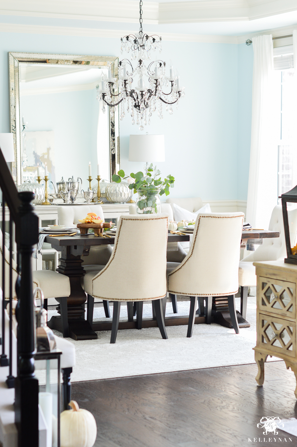 2017 Fall Home Tour with Yellow and Orange Leaves- elegant blue dining room