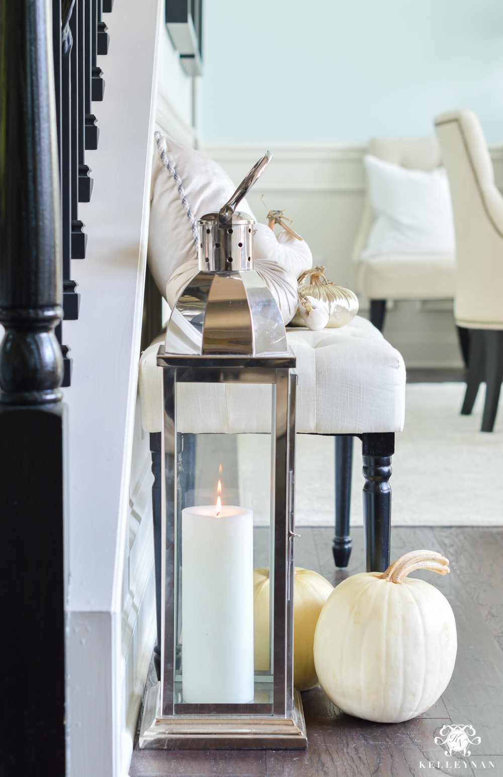 2017 Fall Home Tour with Yellow and Orange Leaves- entry lantern and pumpkins