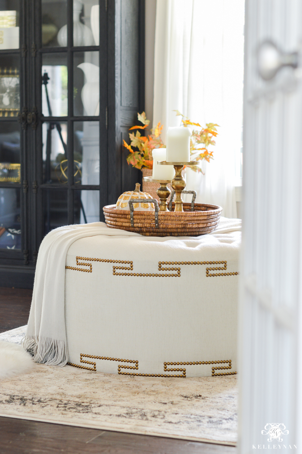 2017 Fall Home Tour with Yellow and Orange Leaves- greek key ottoman