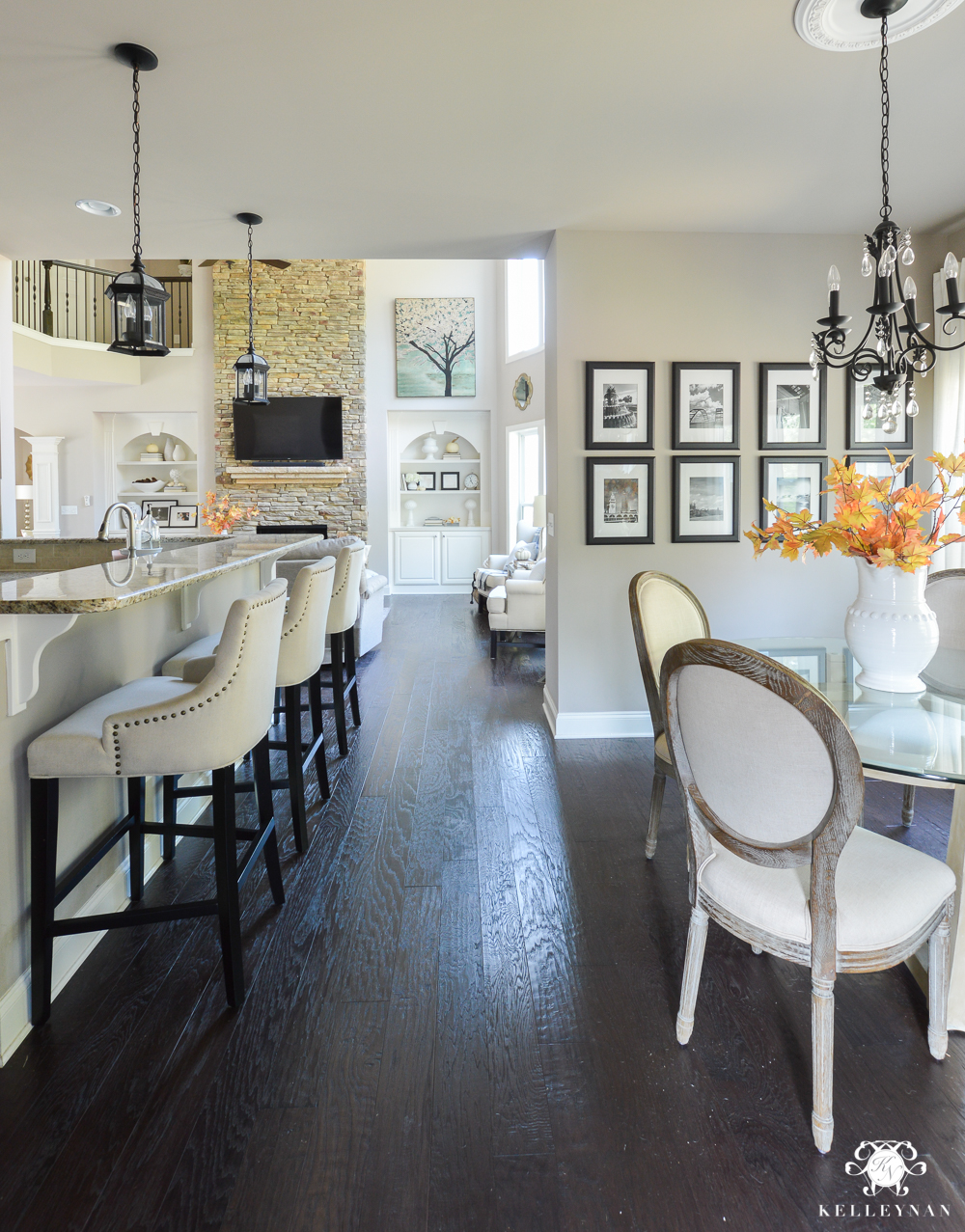 2017 Fall Home Tour with Yellow and Orange Leaves- kitchen and breakfast nook into two story great room