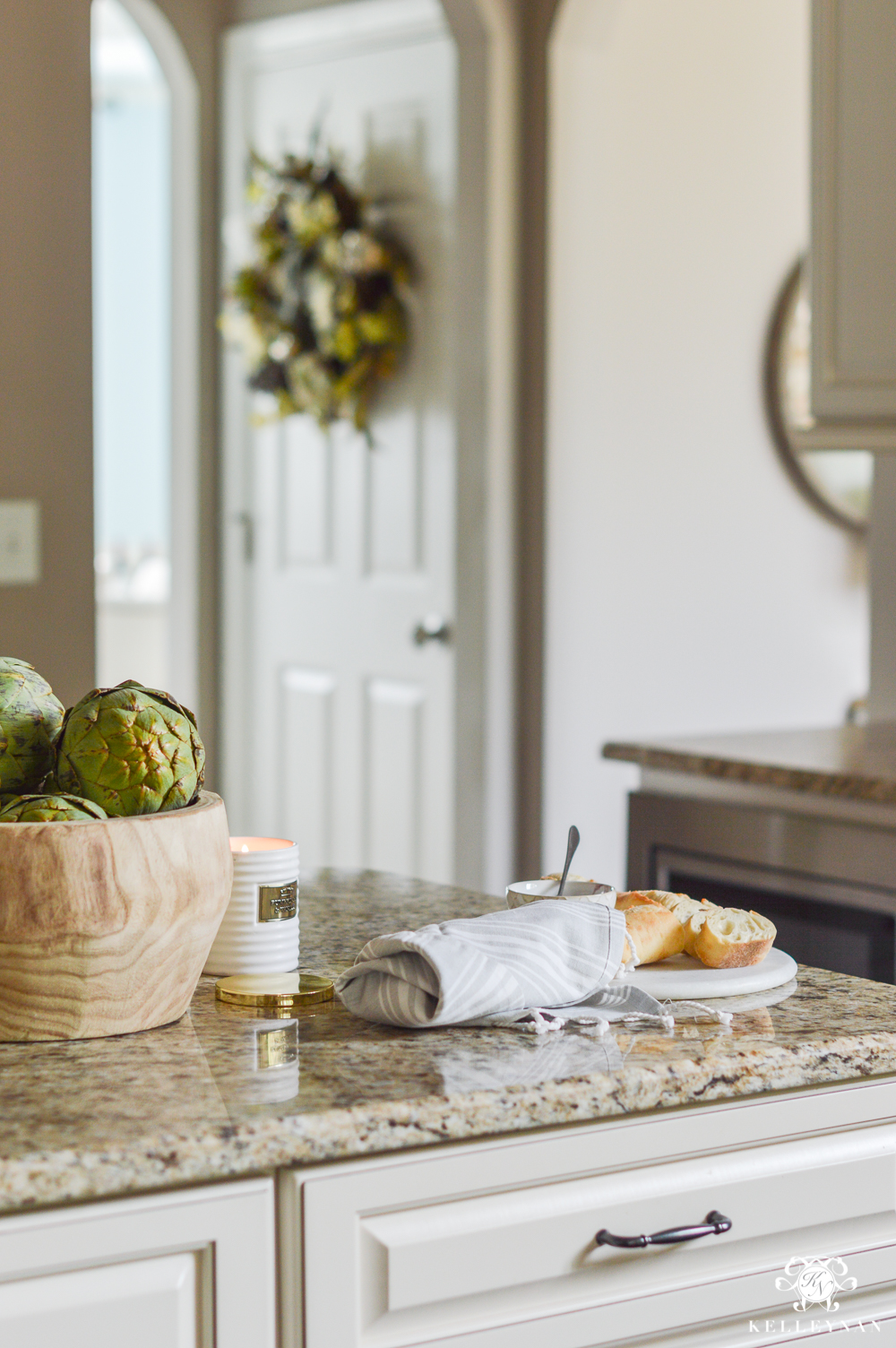 2017 Fall Home Tour with Yellow and Orange Leaves- kitchen with baguette