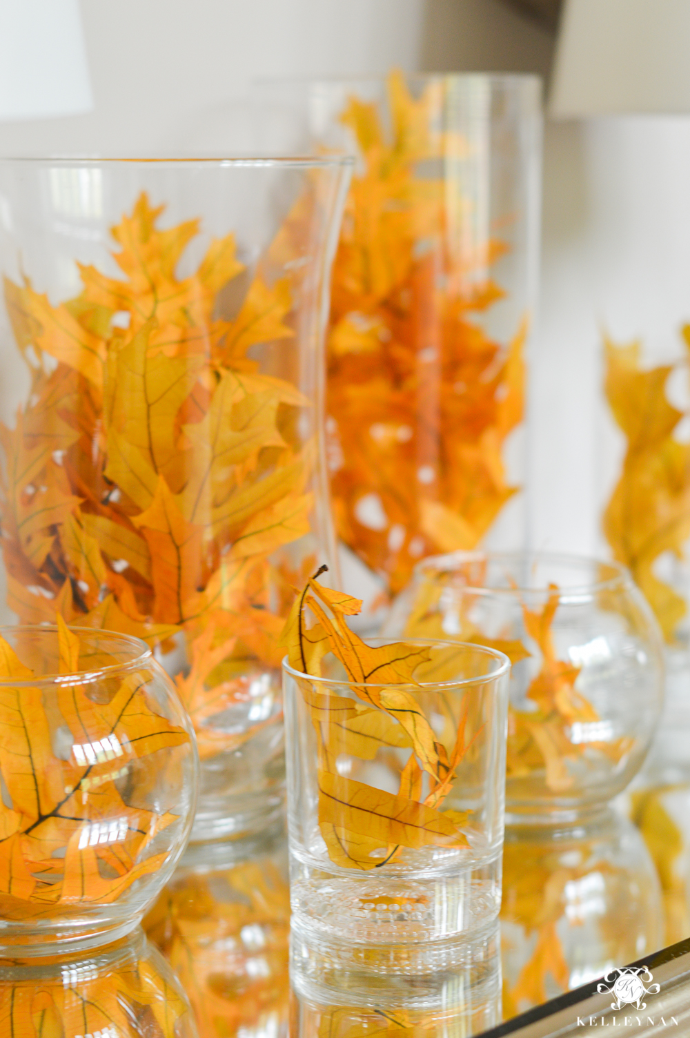 2017 Fall Home Tour with Yellow and Orange Leaves- leaves in hurricane vases