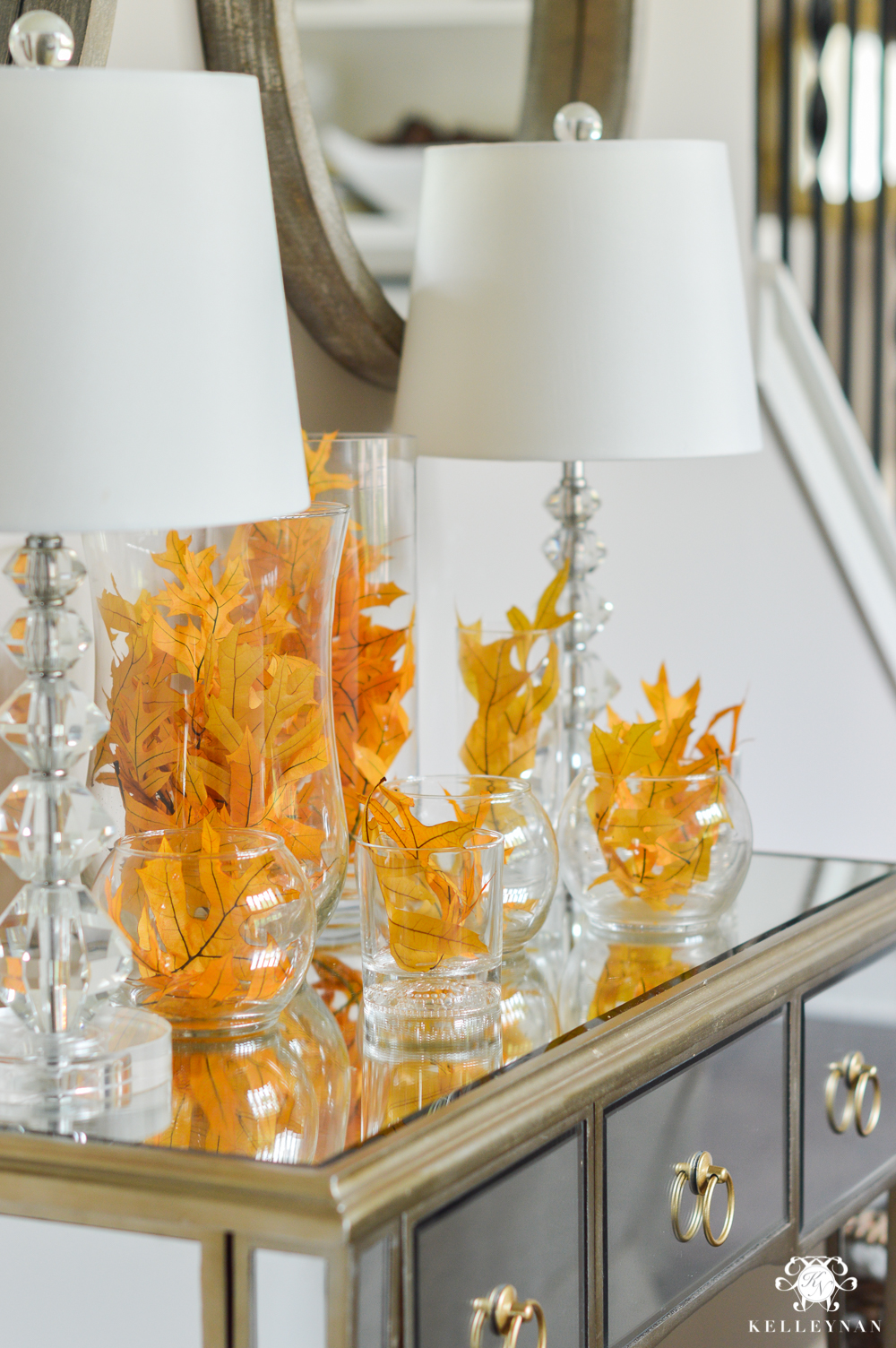 2017 Fall Home Tour with Yellow and Orange Leaves- leaves on mirrored console table