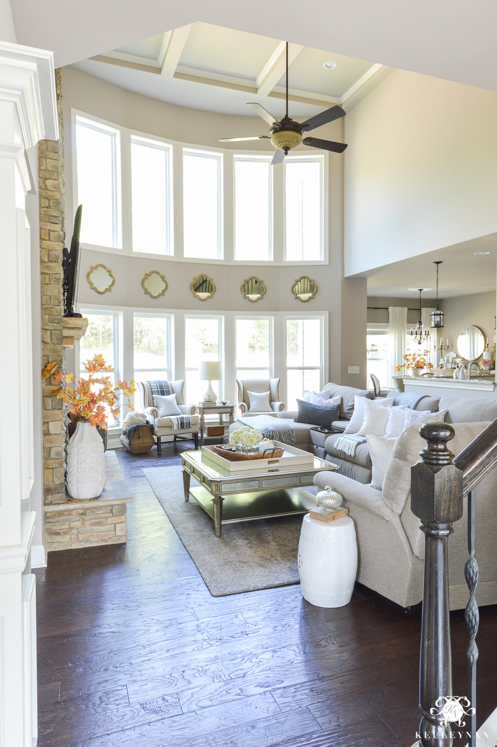 2017 Fall Home Tour with Yellow and Orange Leaves- two rows of windows in living room