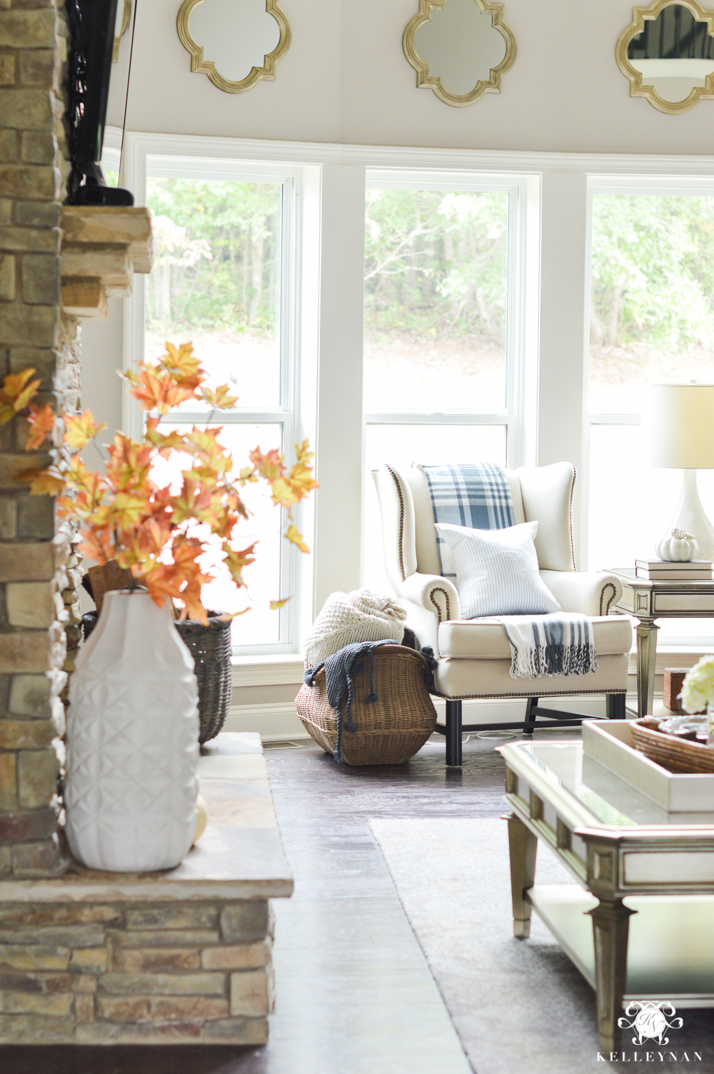 2017 Fall Home Tour with Yellow and Orange Leaves- two story living room with leaves