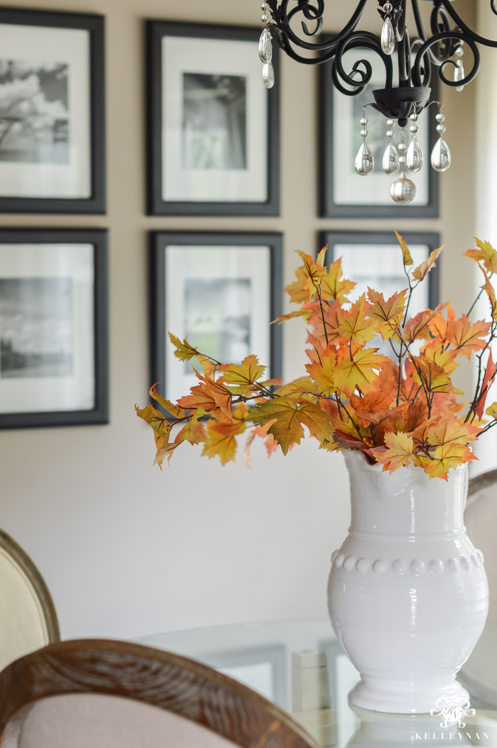 2017 Fall Home Tour with Yellow and Orange Leaves- white pitcher with leaves