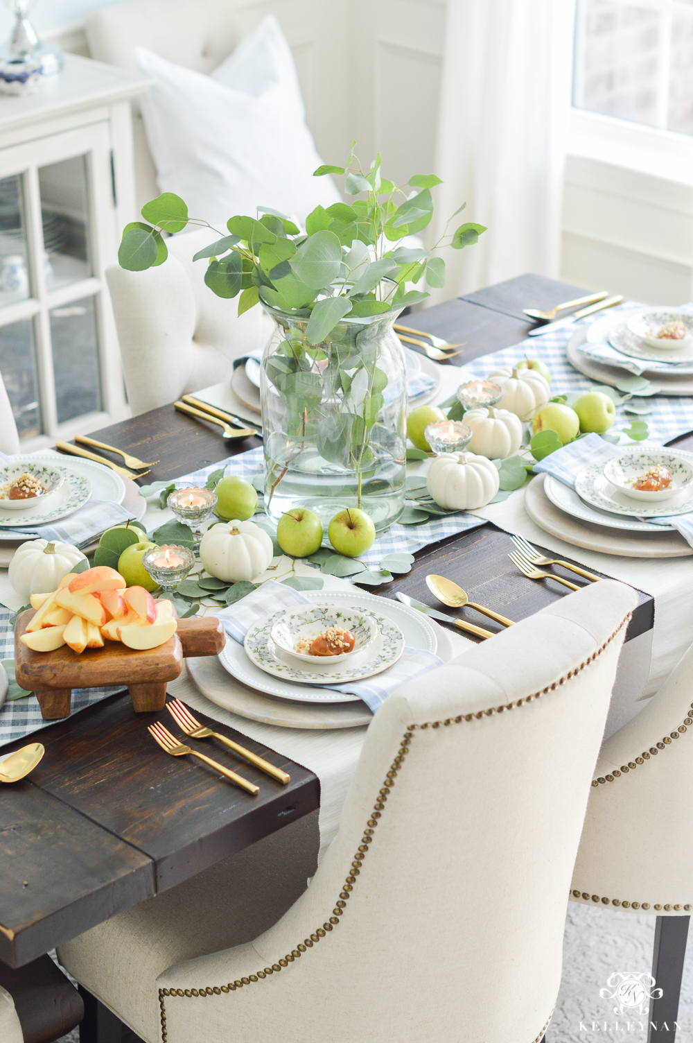 Fall Caramel Apple Table Place Setting Ideas- eucalyptus tablescape