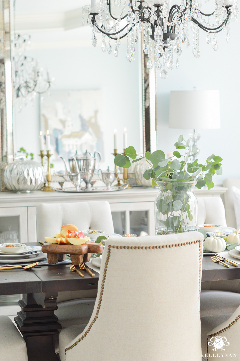 Fall Caramel Apple Table Place Setting Ideas- eucalyptus and green apples