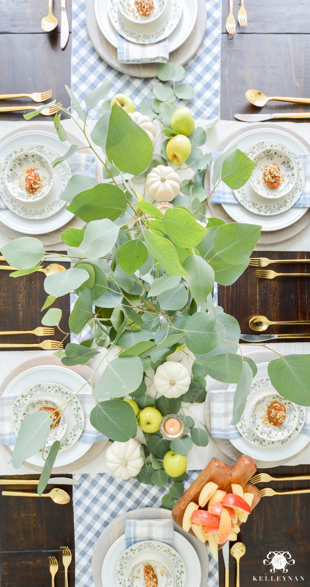 Fall Caramel Apple Table Place Setting Ideas- eucalyptus centerpiece