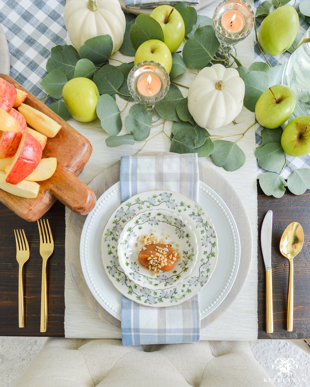 Fall Caramel Apple Table Place Setting Ideas- gold flatware pottery barn