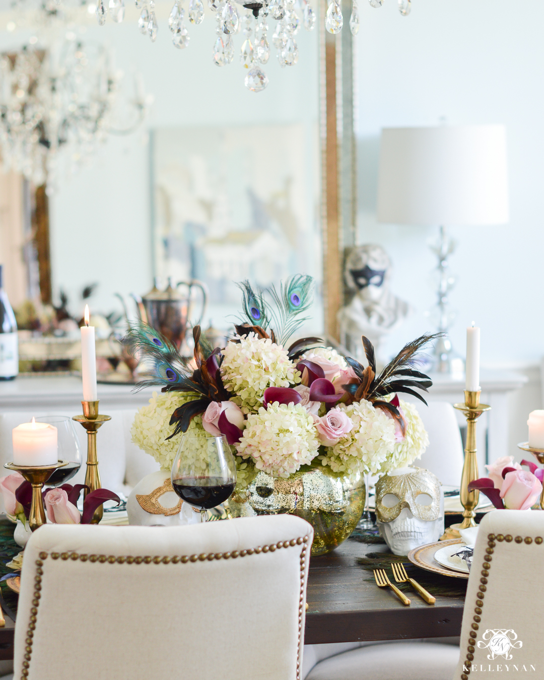 IG Masquerade Dinner Party for Halloween with Full Table Setting- peacock feathers in flower arrangement