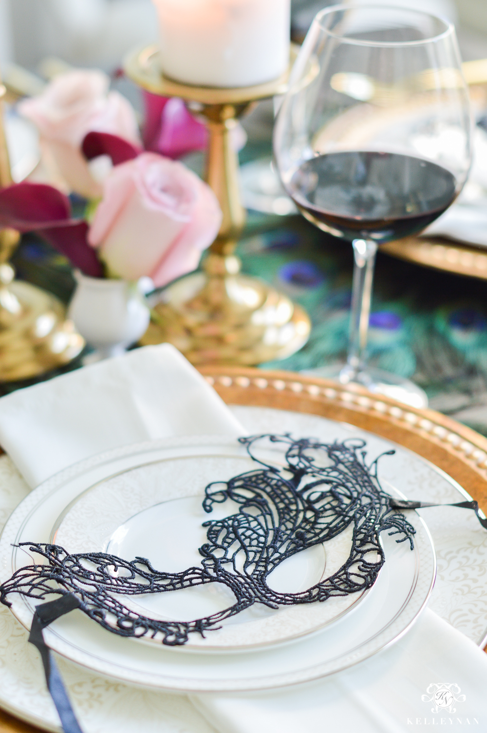 Masquerade Dinner Party for Halloween with Full Table Setting_-mask at place setting