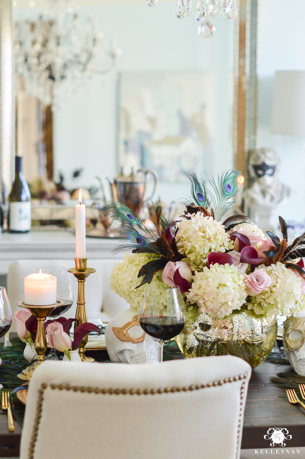 Masquerade Dinner Party for Halloween with Full Table Setting_-peacock accents