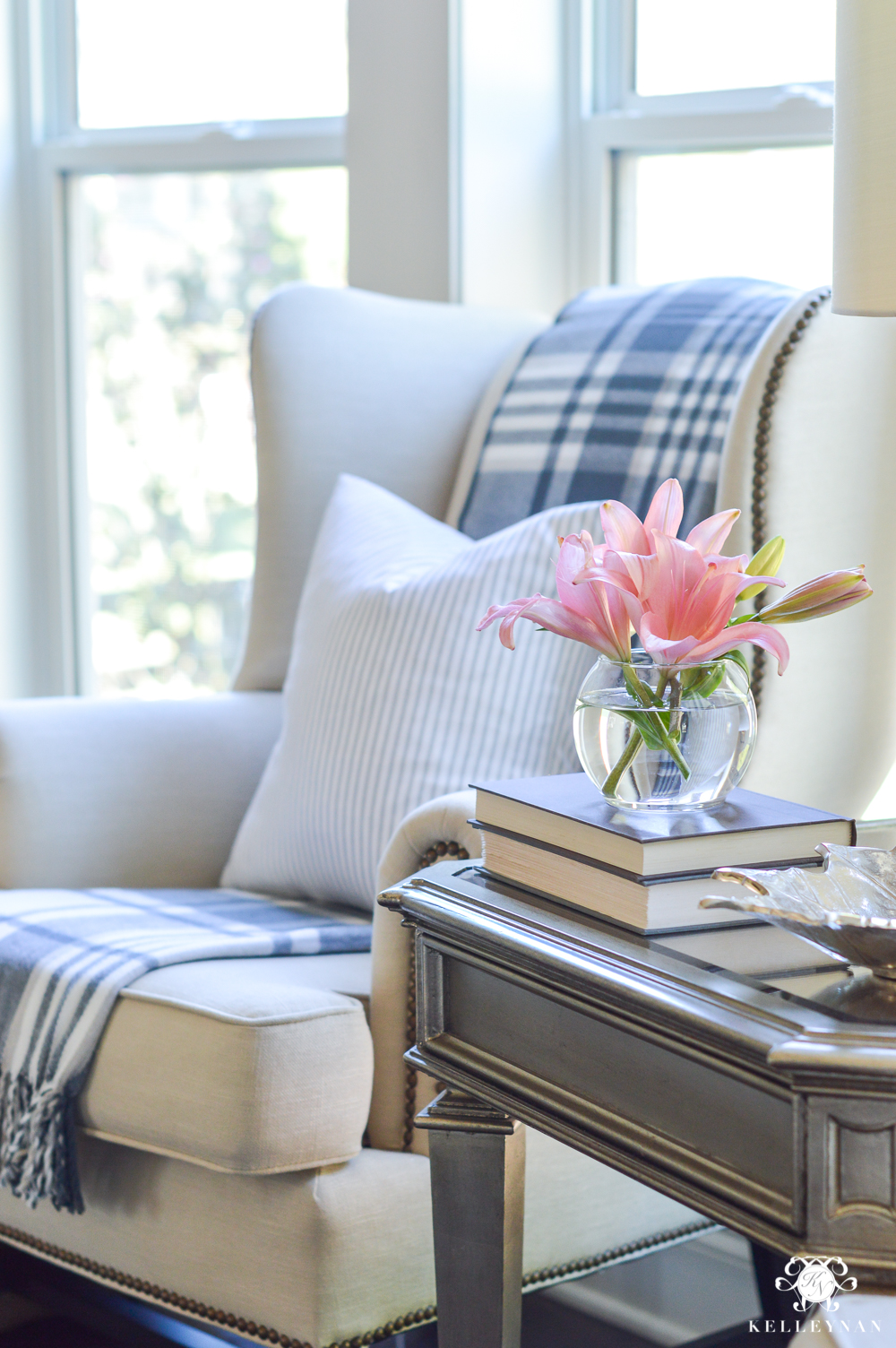 Wingback chair with pink lilies