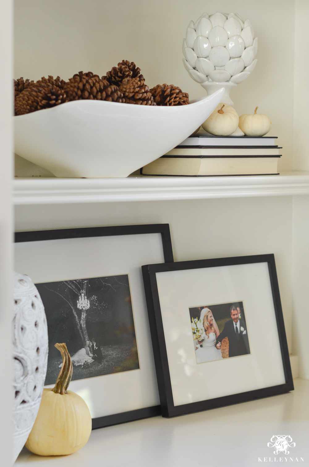 Styling bookshelves in the living room for fall