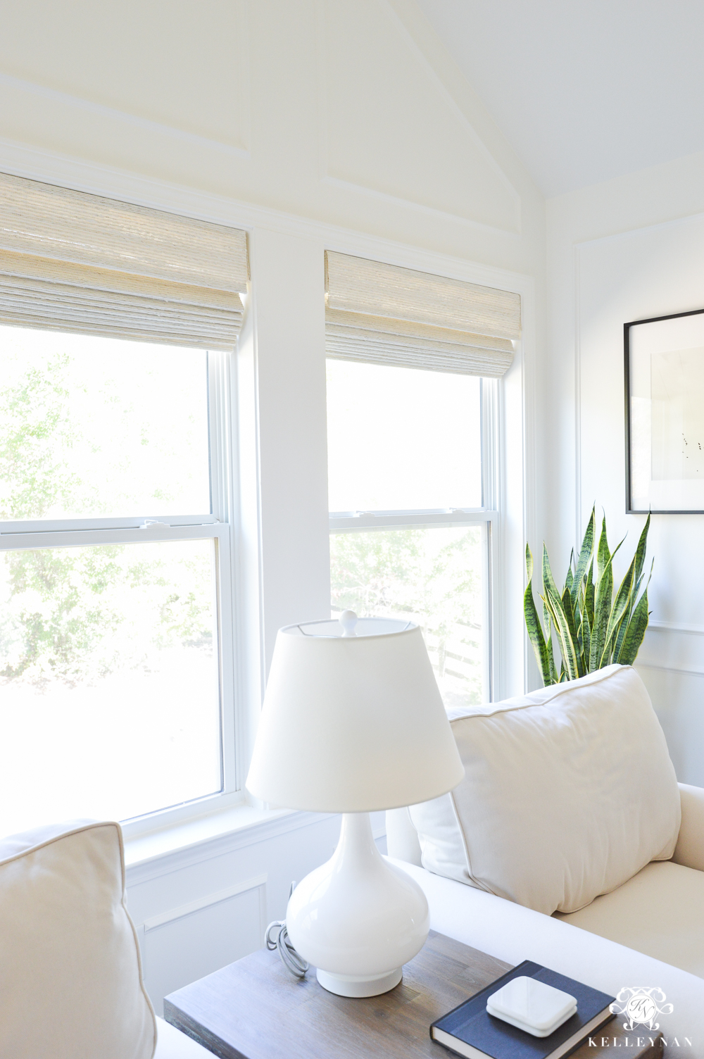 Cordless woven shades for the bedroom sitting area