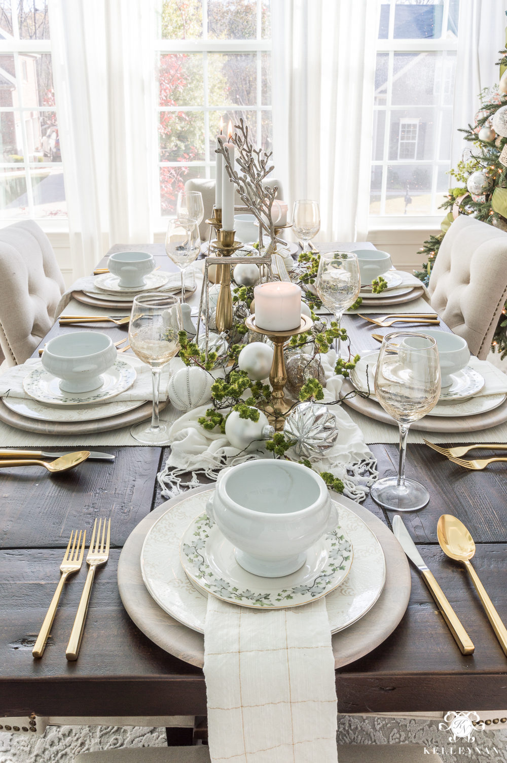 Christmas Tablescape Idea with Reindeer and Ornament Centerpiece