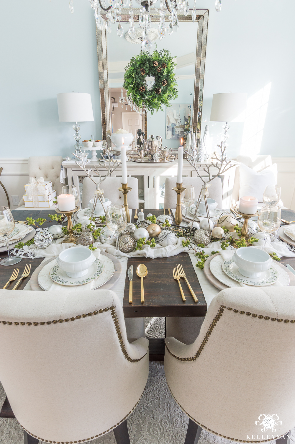 Christmas dinner table styling ideas with moss and reindeer