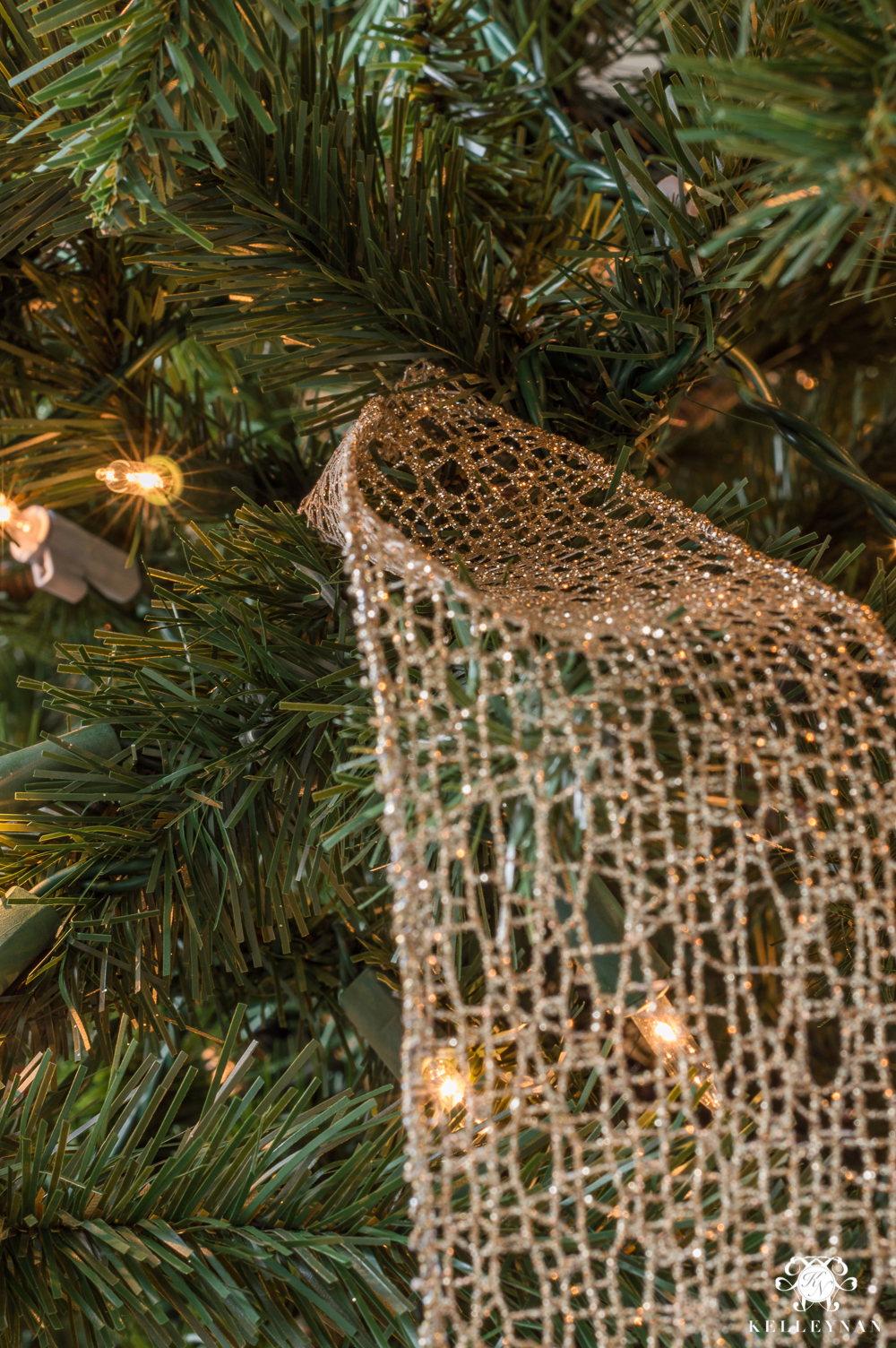 christmas trees decorated with mesh ribbon